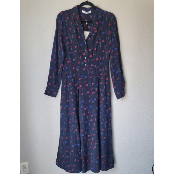NWT Thakoon Silk Long Sleeve Floral Shirt Dress, Size 4, Color Navy Print - Picture 4 of 13